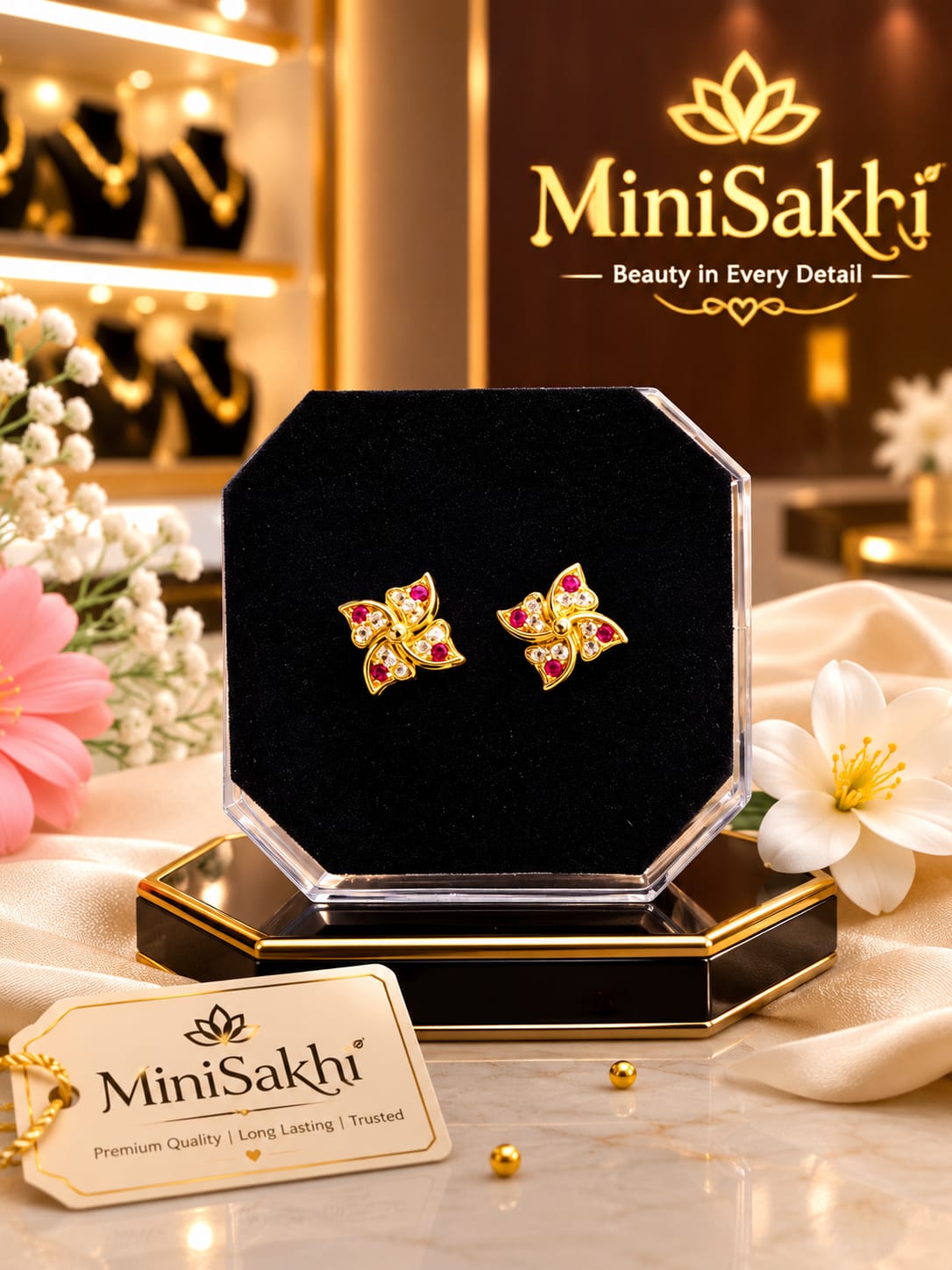 Gold-Plated Pink Stone Floral Stud Earrings
