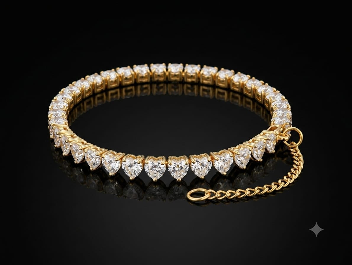 Gold-Plated Heart Crystal Tennis Bracelet for Women