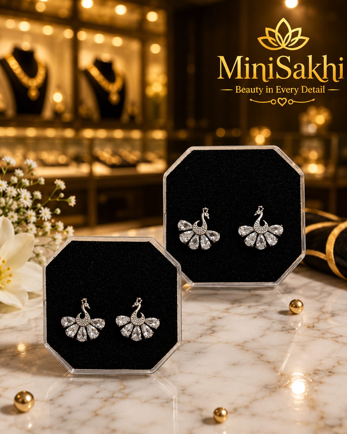 Silver-Plated Peacock Crystal Stud Earrings for Women