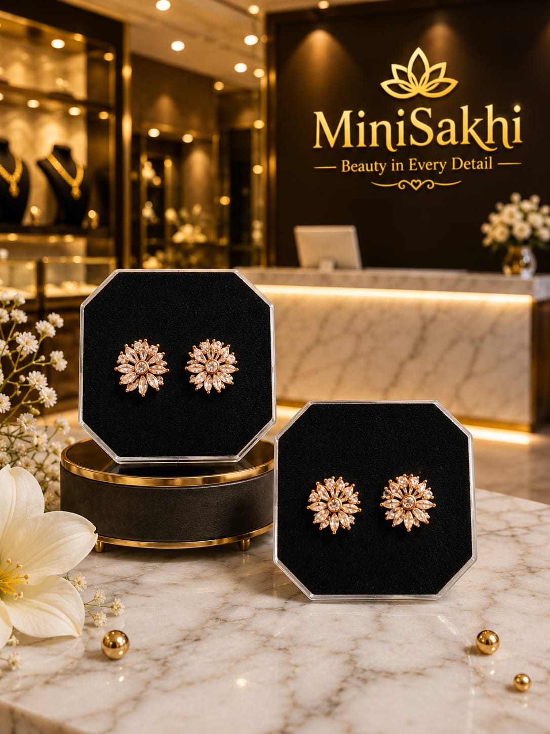 Rose Gold Floral Crystal Stud Earrings